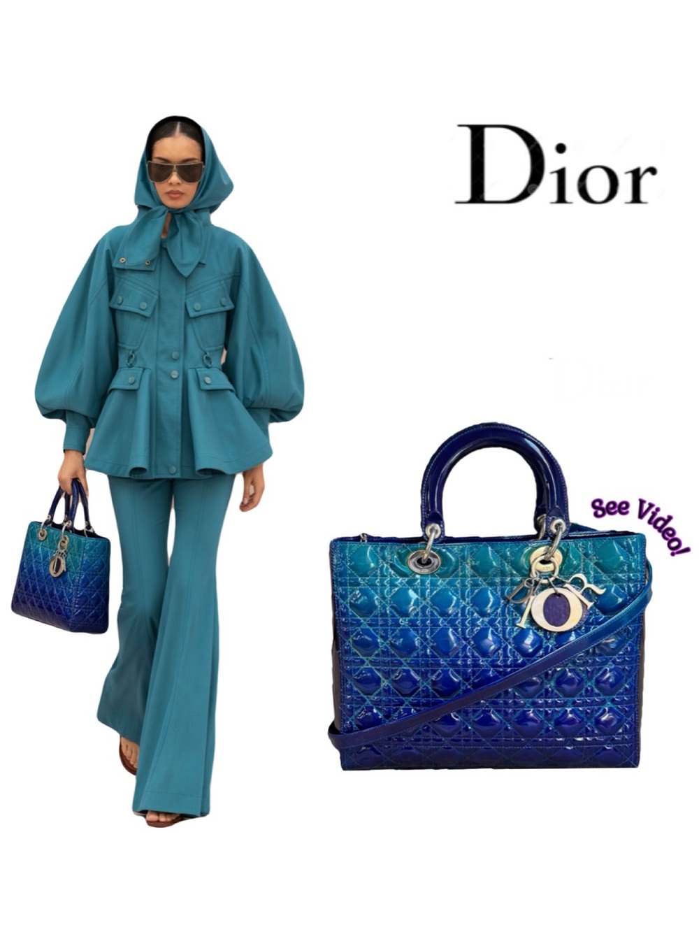 🔹 Dior Large Lady Dior Patent Leather Cannage-Stitch Tote Ombre Blue-Green COA 🔹